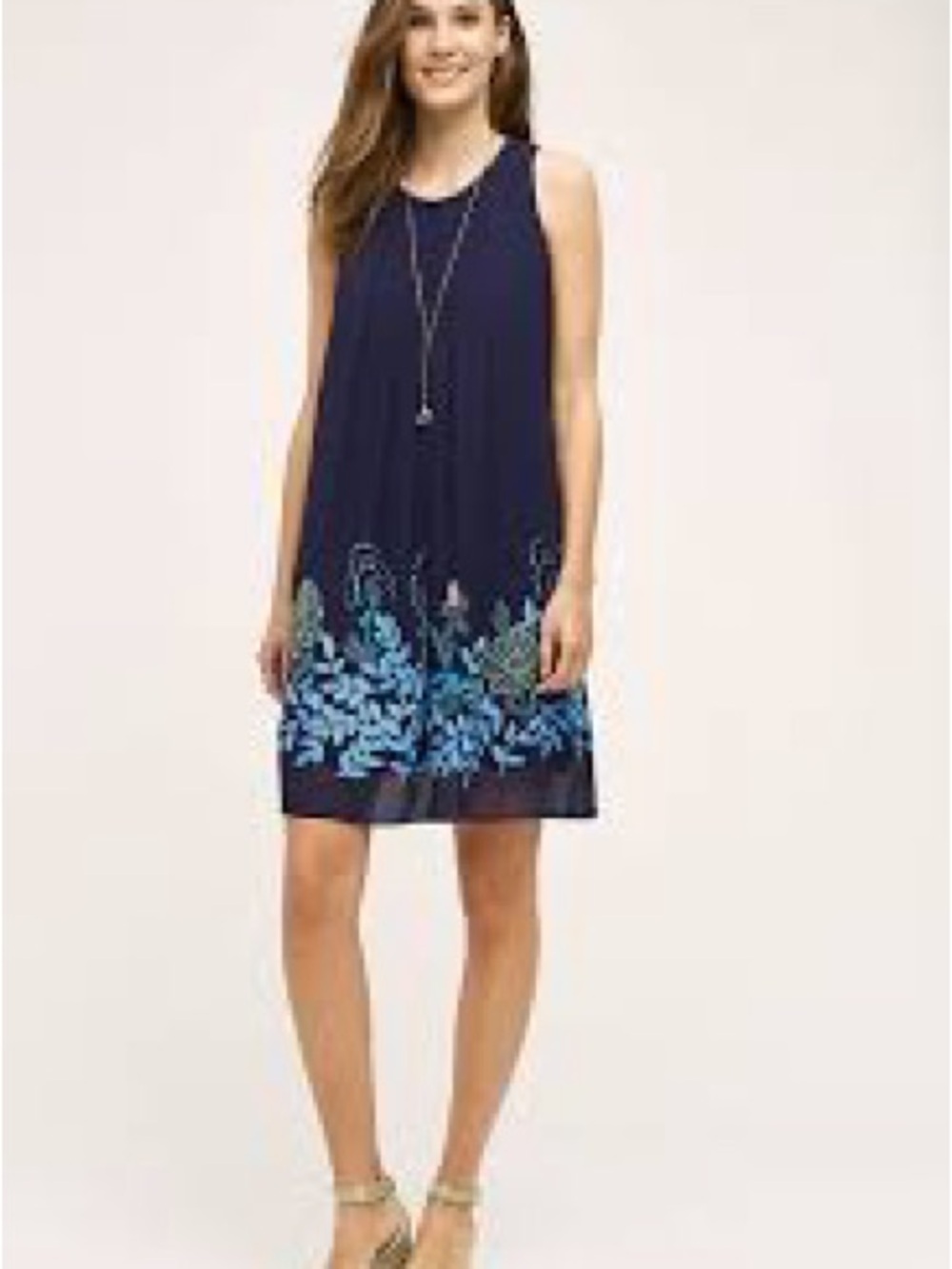 Anthropologie Navy Floral-Trim Sleeveless Mini Dress